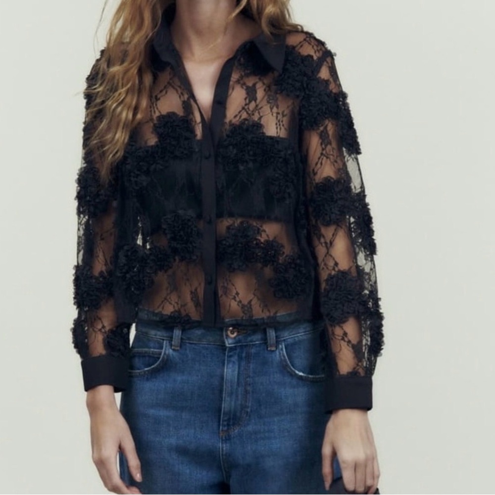 Zara TEXTURED TULLE SEMI-SHEER SHIRT